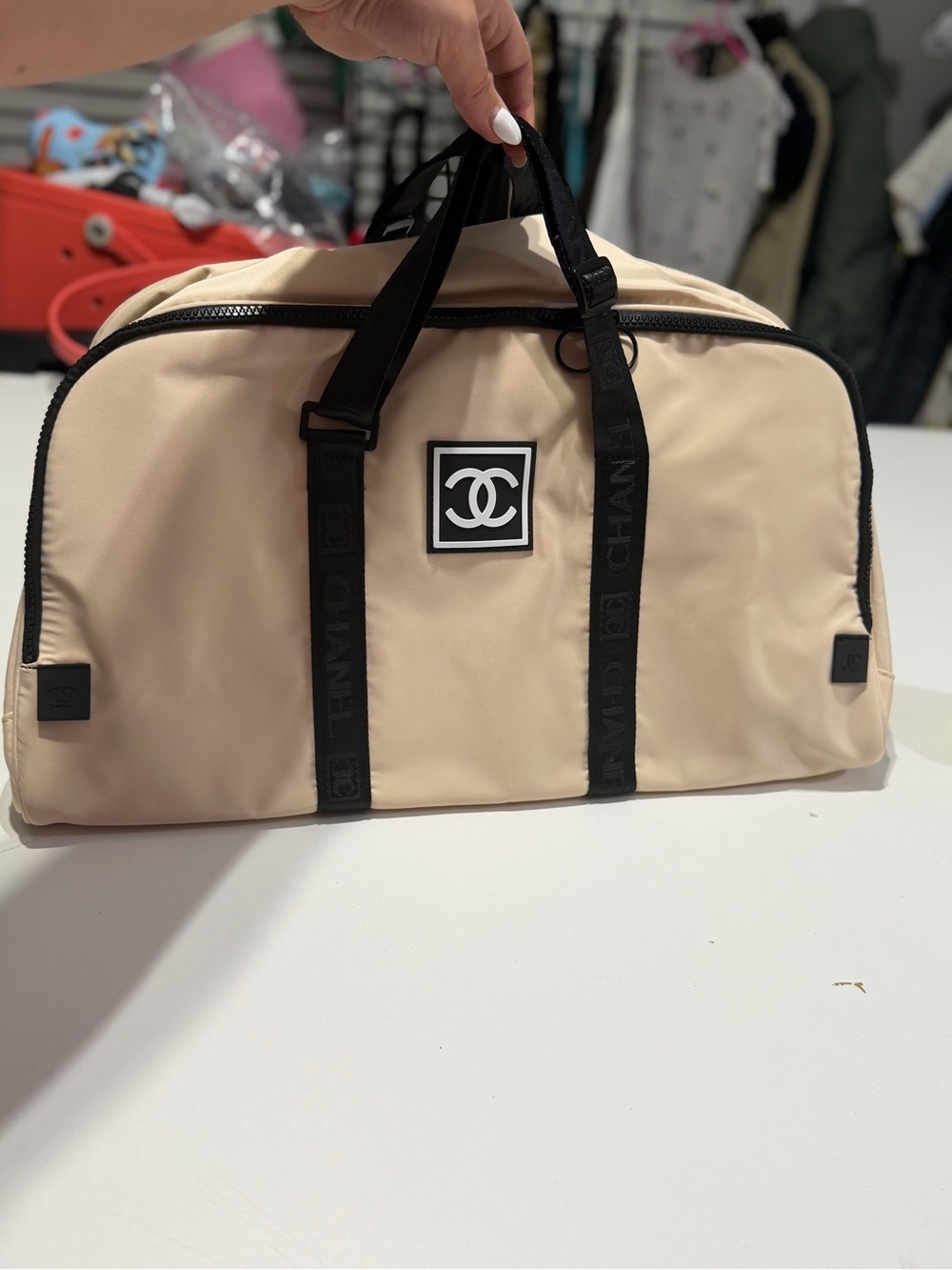 Duffle Beige Gym Travel Duffle Bag with Black Straps
